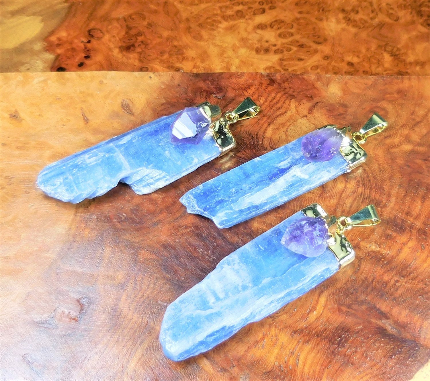 Kyanite And Amethyst Crystal Point Pendant (Gold Plated) Necklace Charm Jewelry