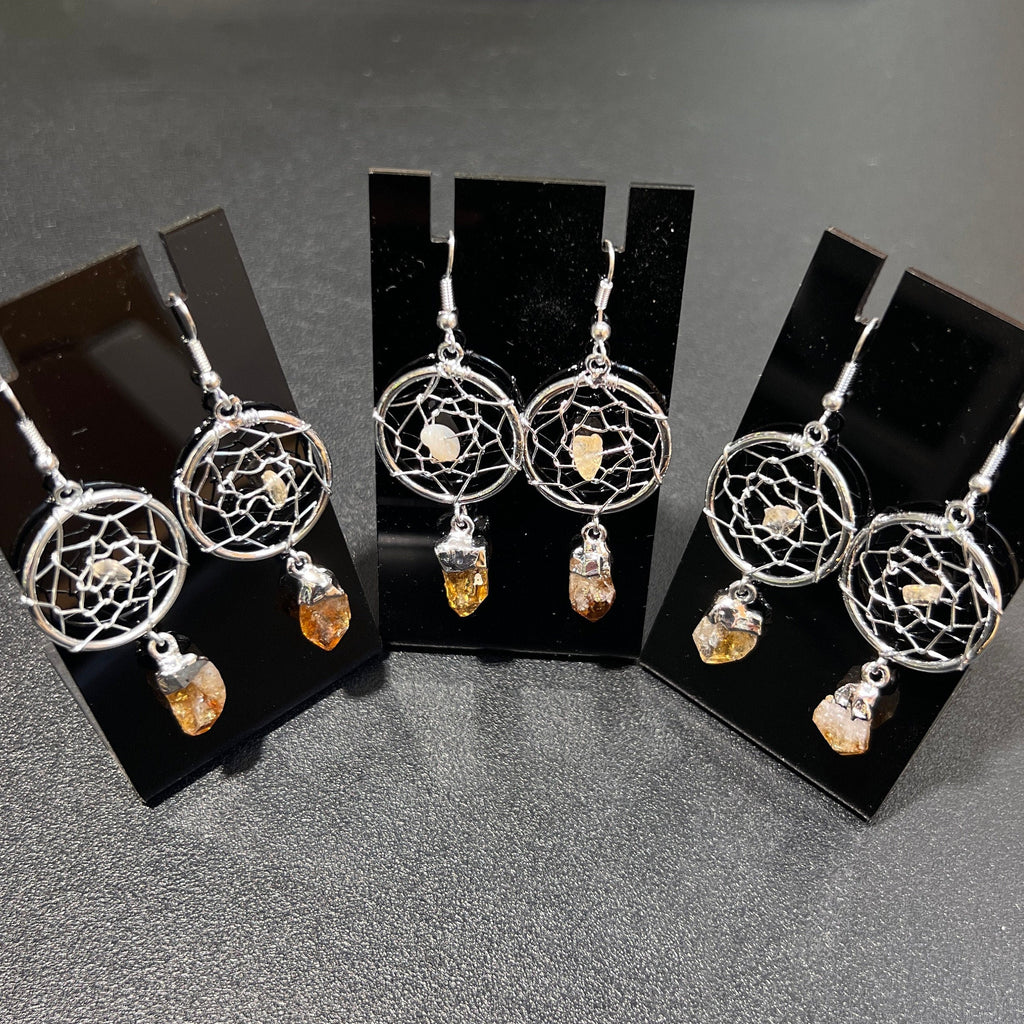 DreamCatcher Earrings Pair (Citrine Crystal)(Silver Plated)(Stainless Steel Hooks) Gemstone Jewelry Supply