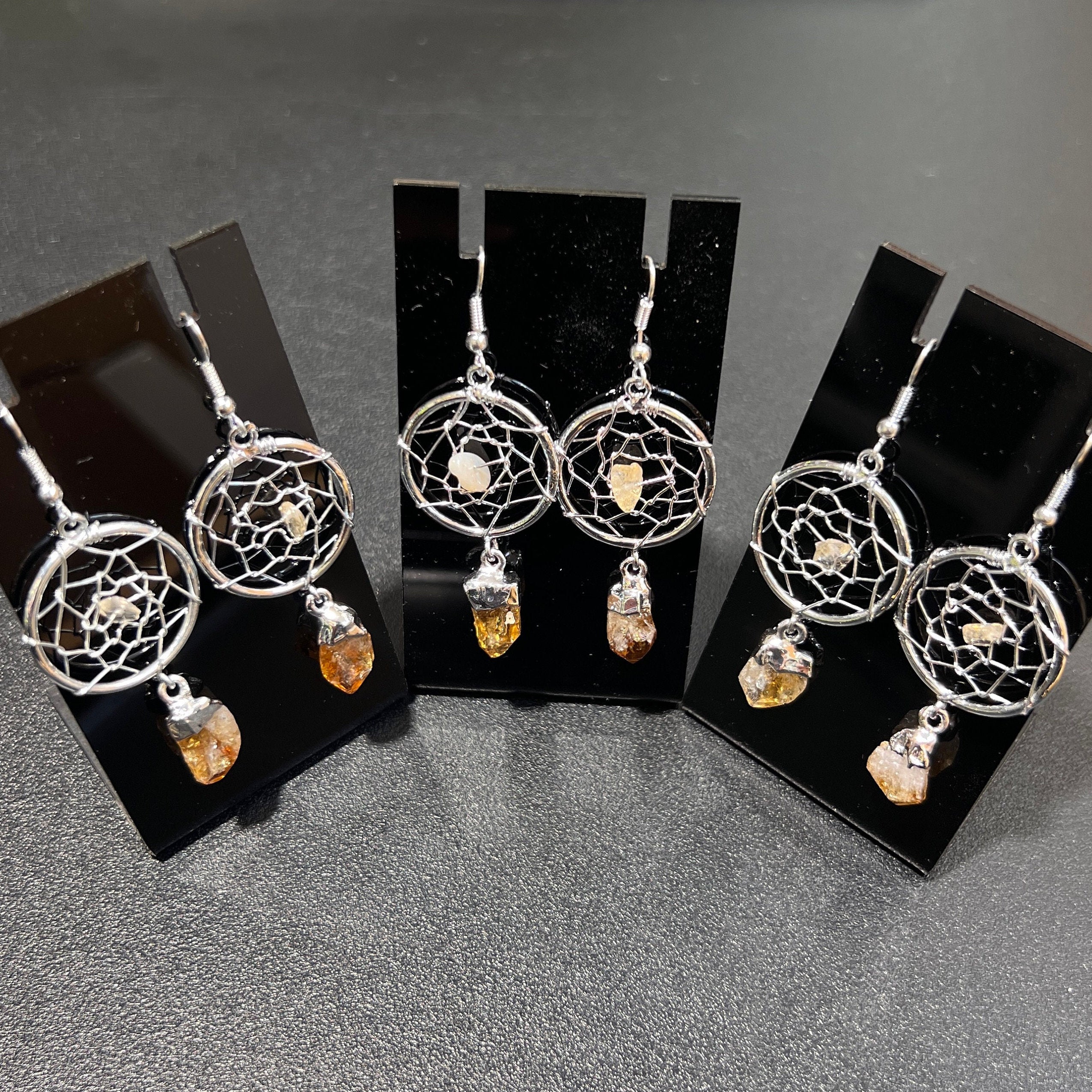 DreamCatcher Earrings Pair (Citrine Crystal)(Silver Plated)(Stainless Steel Hooks) Gemstone Jewelry Supply